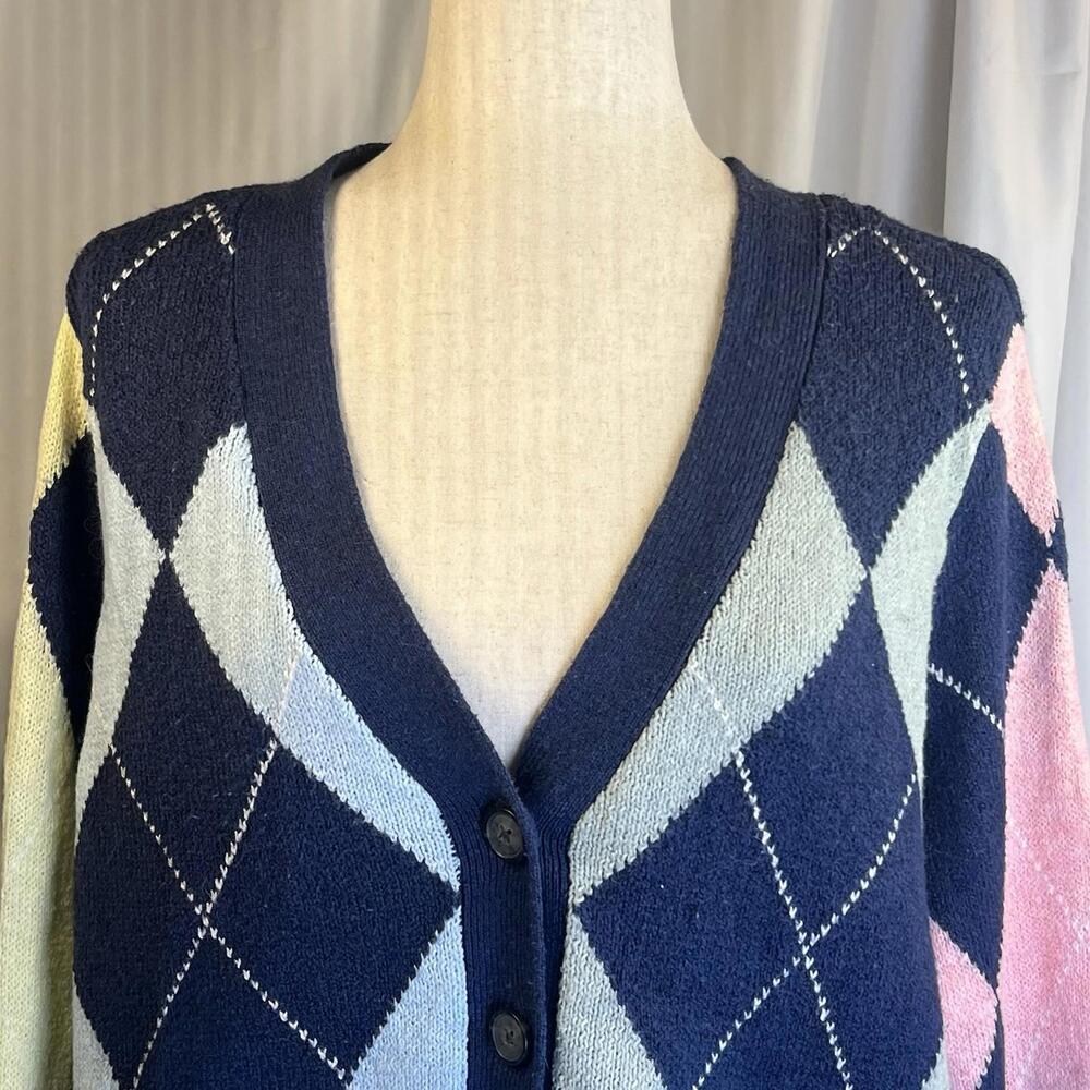 American Eagle Outfitters Argyle Cardigan Sweater - Navy, Pink, Yellow - Picture 2 of 9